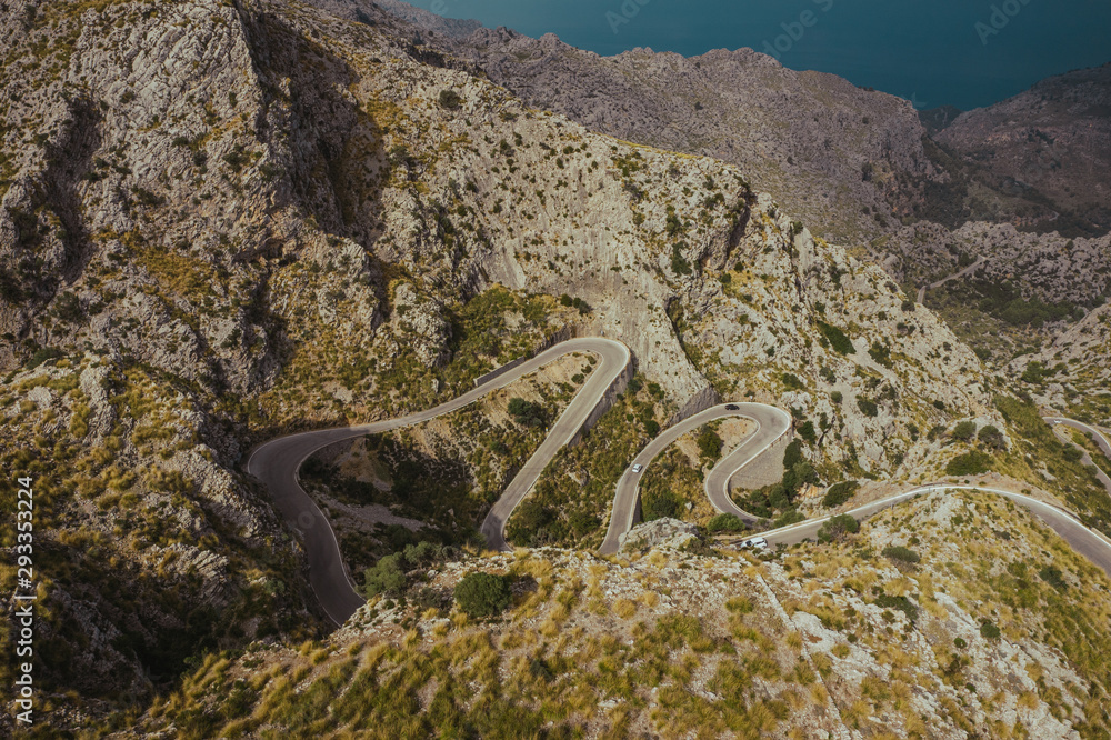 Fototapeta premium Aerial drone photo of Sa Calobra serpentine road to sea. Mallorca, Balearic Islands, Spain.