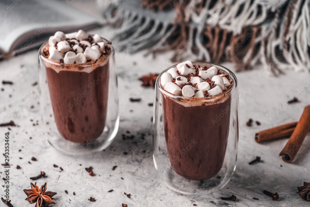 Two glasses of hot cocoa with marshmallows and chocolate chips on a background of scattered cloves, chocolate, star anise and cinnamon, with a book and a blanket in the background Two glasses of hot cocoa with marshmallows and chocolate chips on a background of scattered cloves, chocolate, star anise and cinnamon, with a book and a blanket in the background