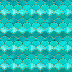 Sierkussen Turquoise patronen Japans golvenpatroon met visschubben  © Olga