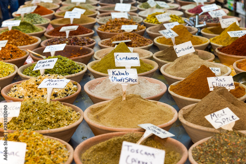 Fototapeta premium Piles of spices for sale. beach, sell, organic, mix,