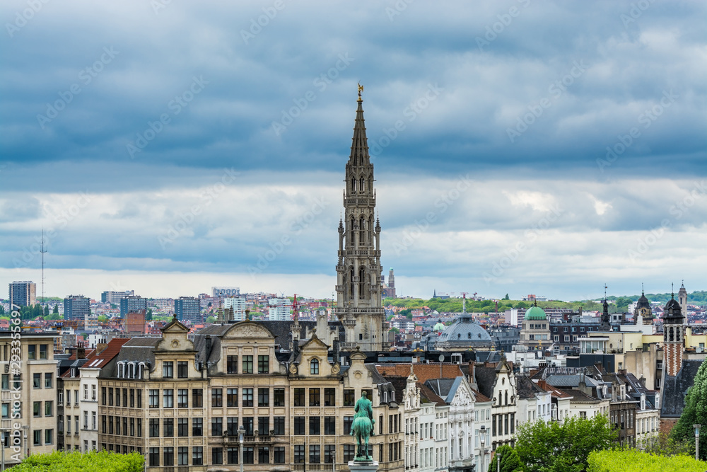 Cityscape of brussels with the landmark of tower against cloudy sky from the Monts des arts, brussels, Belgium.