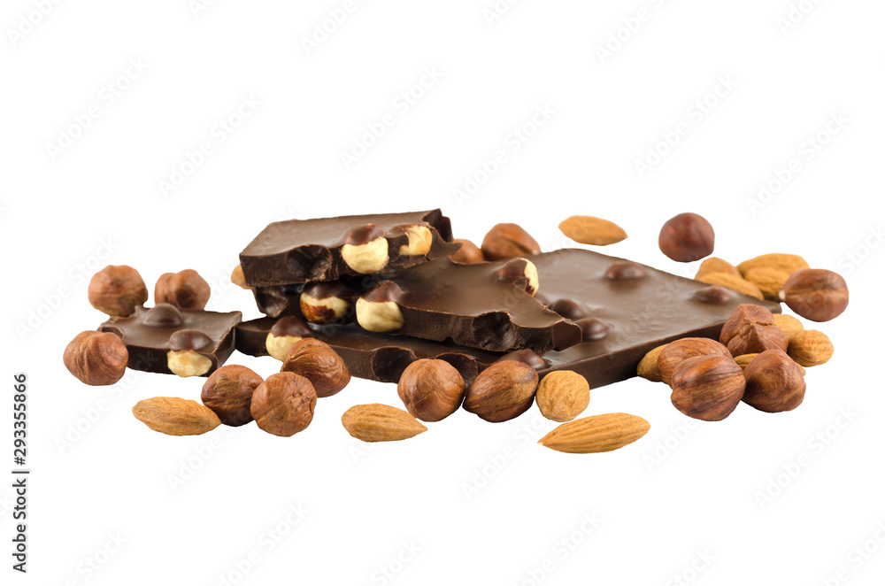 Mendal and hazelnuts with chocolate on a white background. Isolated photos Mendal and hazelnuts with chocolate on a white background. Isolated photos