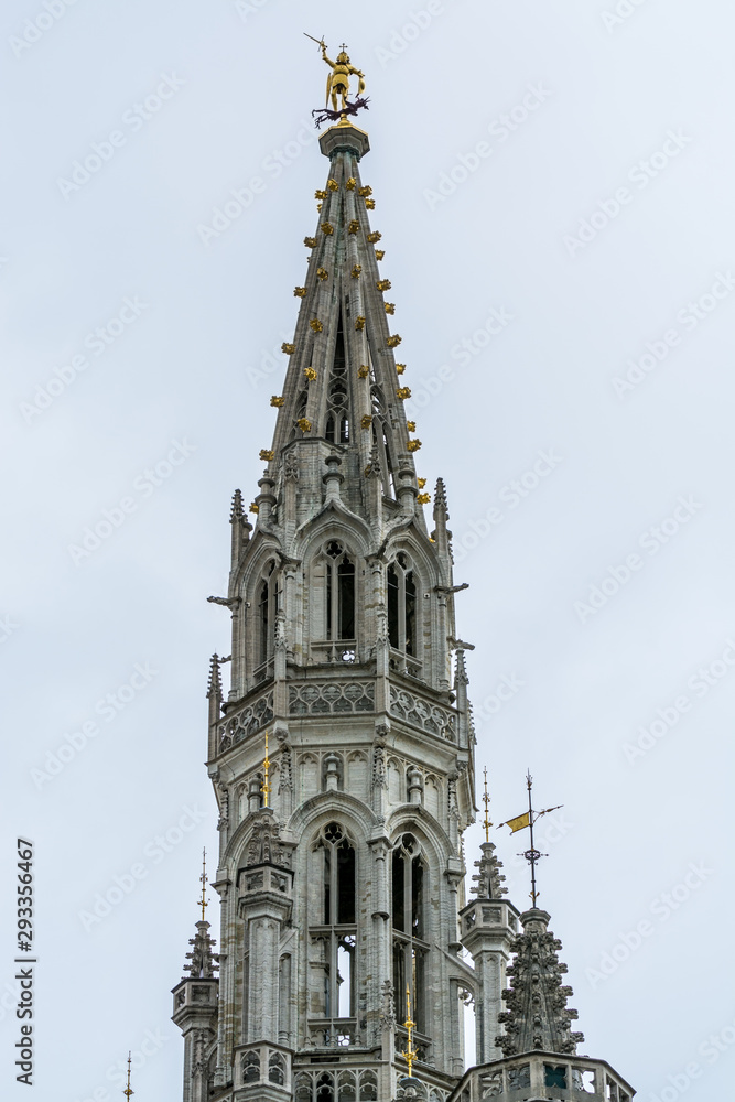 Roof of the tower of City halll with architectural details at the grand square in Brussels, Belgium.