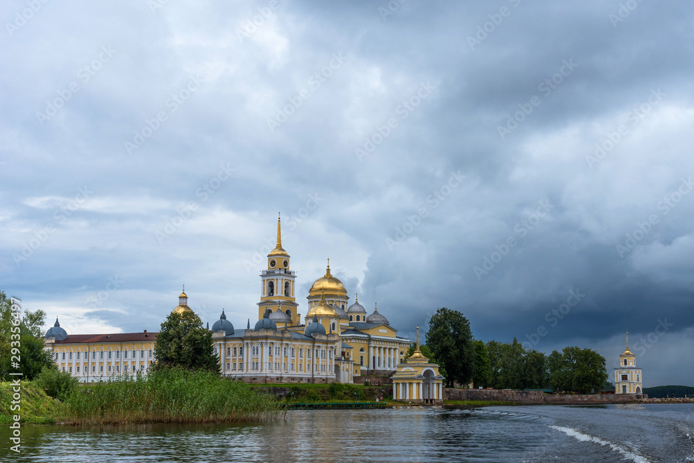 Picturesque view of Nilo Stolobensky Monastery on Lake Seliger, Tver region, Russia. Panoramic view of Nilo Stolobensky Monastery, Tver region, Russia.