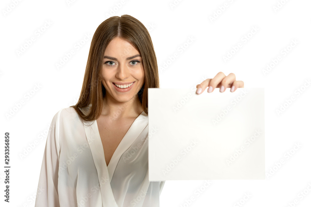 Beautiful woman and white signboard or copyspace for slogan or text, isolated Beautiful woman and white signboard or copyspace for slogan or text, isolated