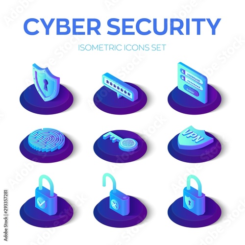 Cyber Sequrity icons set. 3D isometric data protection icons. Personal data protection. Authorization form, password, sequrity shield, key, lock, fingerprint, vpn Vector illustration.