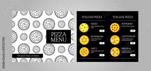 Dinning menu with different pizzas for cafe, restaurant, pizzeria, delivery, bakery. Vector black and white template with 4 pages. Standard scaled 8,5*14 in. size