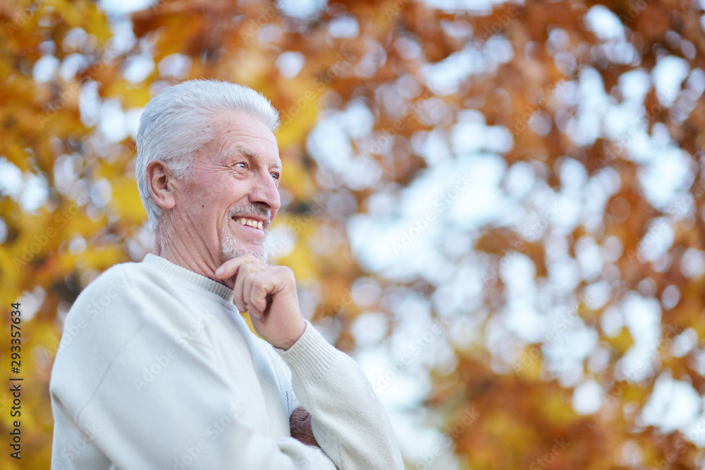 Portrait of happy elderly man posing in autumn park Portrait of happy elderly man posing in autumn park