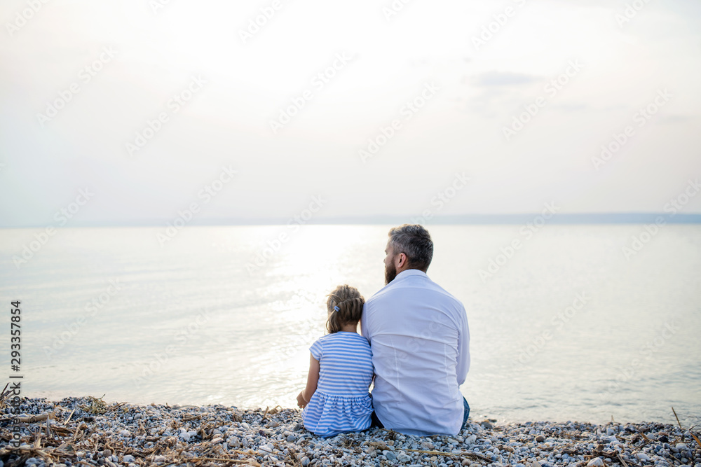Rear view of father and small daughter on a holiday sitting by the lake.