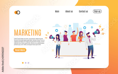 Concept of marketing team landing page. Team work with flat business people characters holding horizontal empty banner. Vector illustration EPS 10