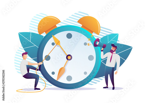 Concept of working time management, quick response to awakening, transfer of time back. Flat style. Vector illustration