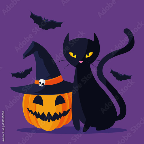 Halloween cat and pumpkin cartoon vector design