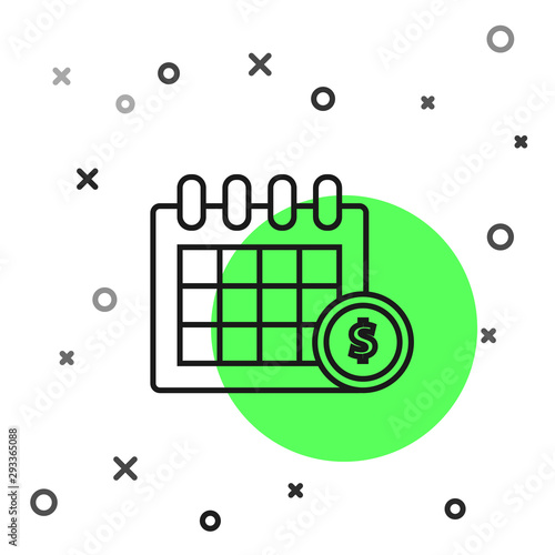 Black line Financial calendar icon isolated on white background. Annual payment day, monthly budget planning, fixed period concept, loan duration. Vector Illustration