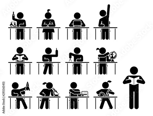 Collection of icons presenting education and different school subjects, science, art, history, geography, chemistry, maths, music, chemistry. Students in school attending classes. School days.