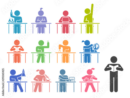 Collection of icons presenting education and different school subjects, science, art, history, geography, chemistry, maths, music, chemistry. Students in school attending classes. Pictogram icon set.