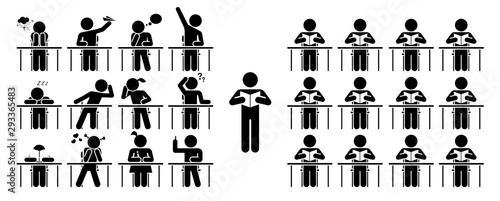 School days. Students in school attending classes. Teacher and pupils in classroom. Pictogram icon set.
