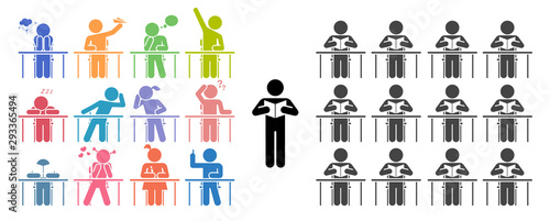 School days. Students in school attending classes. Teacher and pupils in classroom. Pictogram icon set.