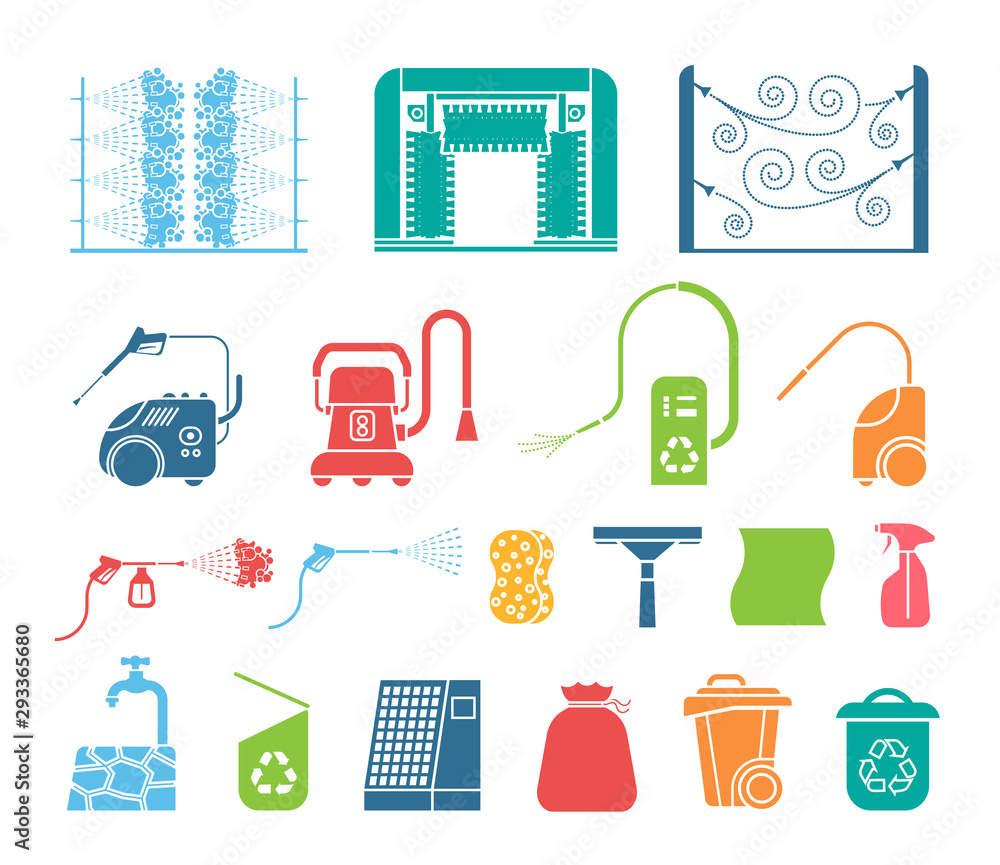 Set of car wash tools icons. Collection of icons presenting equipment