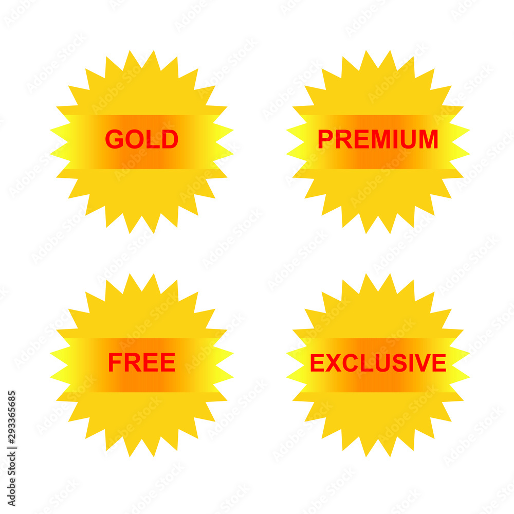 Golden Yellow eye catching star burst stickers. Gold sticker, premium sticker, free, exclusive sticker. Golden Yellow eye catching star burst stickers. Gold sticker, premium sticker, free, exclusive sticker.