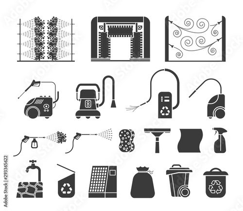 Set of car wash tools icons. Collection of icons presenting equipment used for car wash.