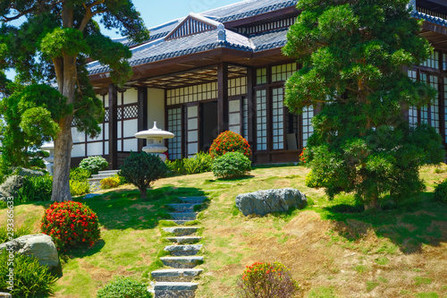 Fototapeta Naklejka Na Ścianę i Meble -  Japanese garden with asian style house, beatiful landscape and blue sky in dendra park in Vietnam
