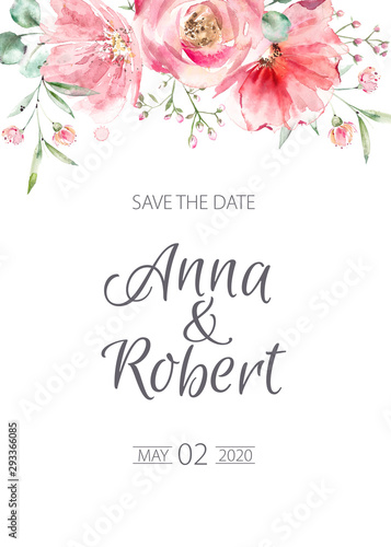 Wedding invitation design, decor of watercolor flowers. Pink and coral color.
