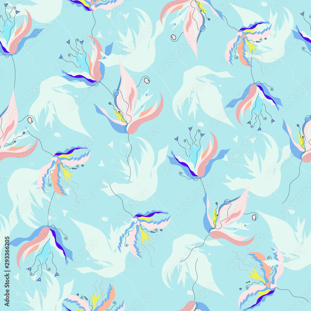 Floral pattern for fabric. Painted flowers on a blue background. Vector geometric seamless pattern.