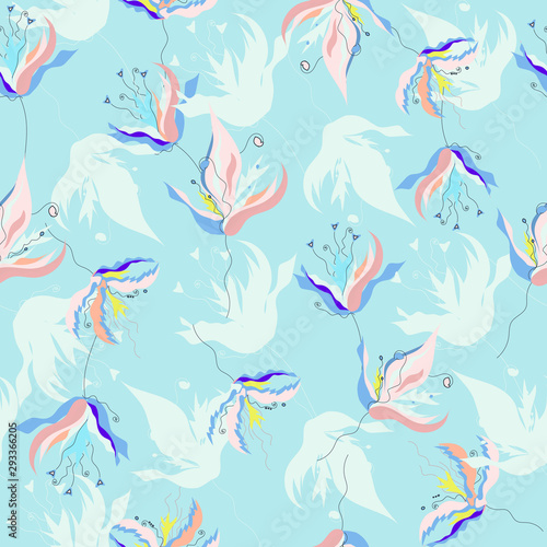 Floral pattern for fabric. Painted flowers on a blue background. Vector geometric seamless pattern.