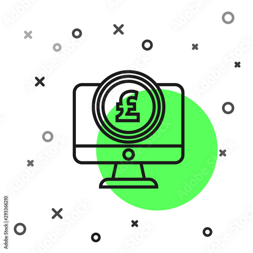 Black line Computer monitor with pound sterling symbol icon isolated on white background. Online shopping concept. Earnings in the Internet. Vector Illustration