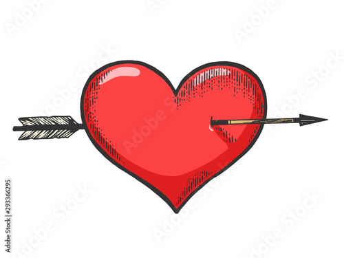 Heart symbol pierced with arrow sketch engraving vector illustration. Romantic love lovesickness symbol. Tee shirt apparel print design. Scratch board imitation. Black and white hand drawn image.