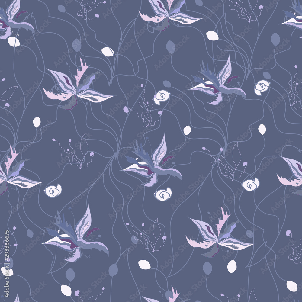 Textile floral pattern. Mother of pearl flowers with pearls on a purple background. Endless vector texture for fabric, tile, wallpaper, interior.