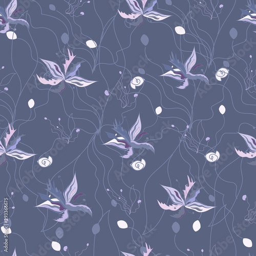 Textile floral pattern. Mother of pearl flowers with pearls on a purple background. Endless vector texture for fabric, tile, wallpaper, interior. © Irina