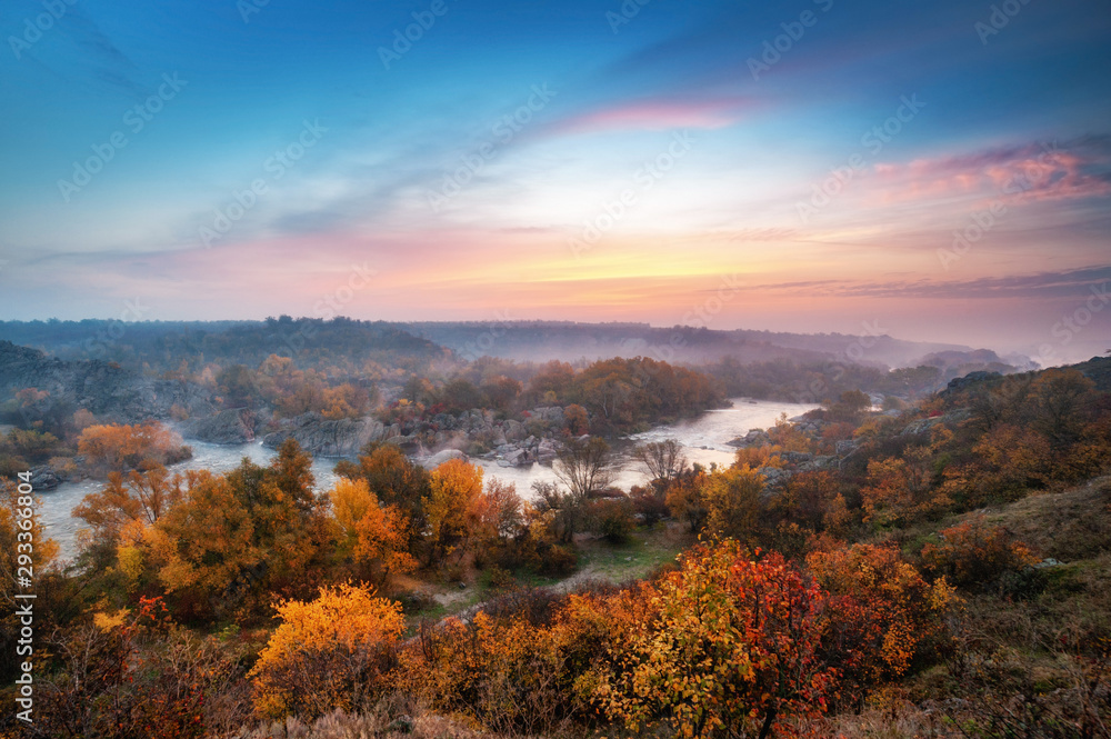 beautiful autumn landscape with colorful trees and foggy river on sunset beautiful autumn landscape with colorful trees and foggy river on sunset