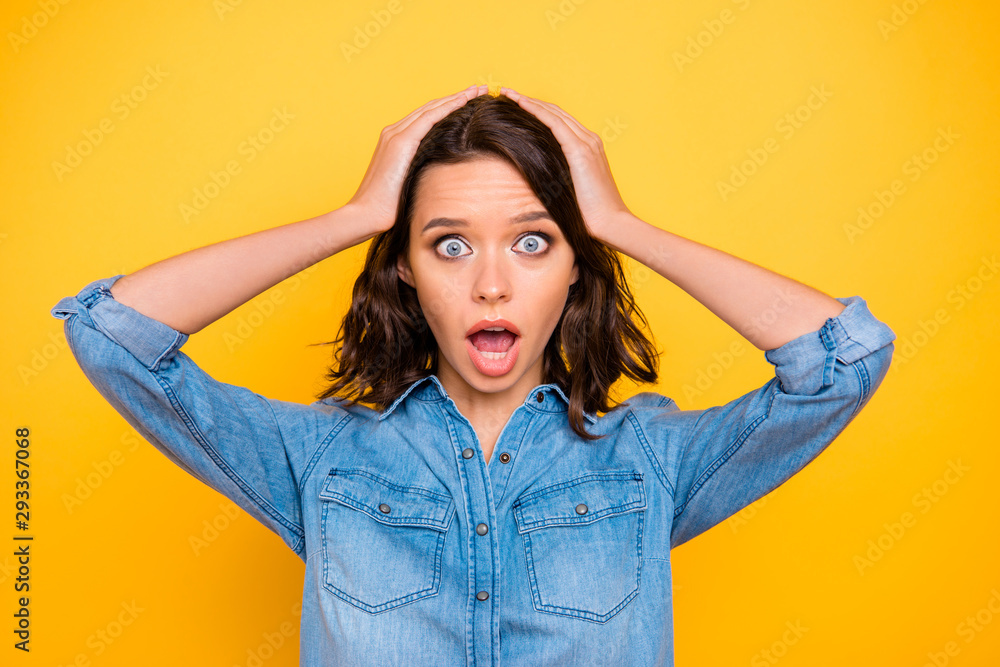 Portrait of frustrated girl hear unbelievable news about her horrible mistake scream shout wow unbelievable wear youth clothes isolated over yellow color background Portrait of frustrated girl hear unbelievable news about her horrible mistake scream shout wow unbelievable wear youth clothes isolated over yellow color background