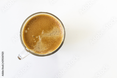 cup of coffee fresh morning espresso top view on white background