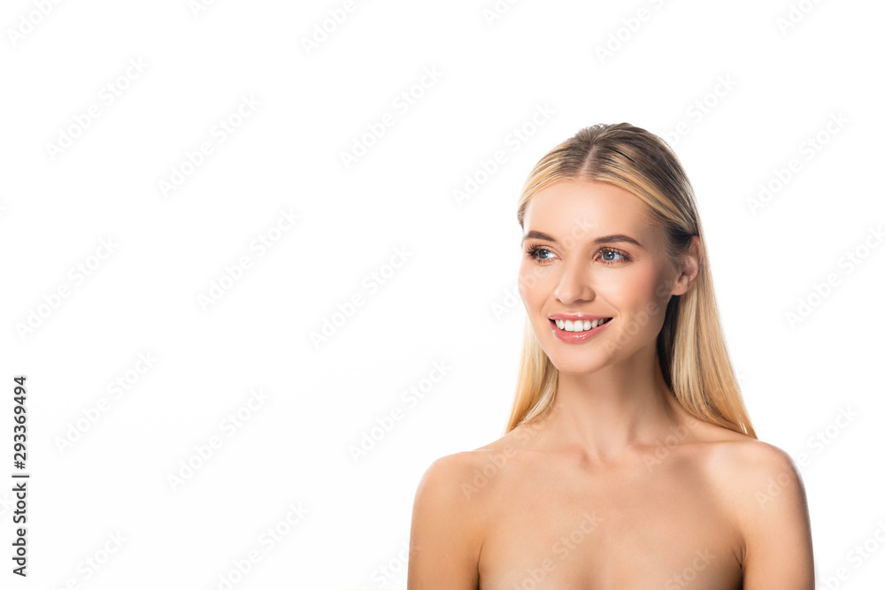 naked happy blonde woman with white teeth looking away isolated on white naked happy blonde woman with white teeth looking away isolated on white