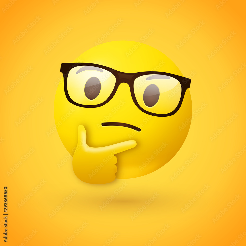Clever or nerdy thinking face emoji - emoticon face wearing glasses shown with a single finger and thumb resting on the chin glancing upward on yellow background - obrazy, fototapety, plakaty 