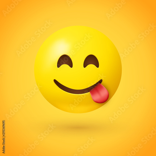 Face savoring food emoji with smiling eyes and a broad smile with tongue out in one corner, as if licking its lips in appetite - Used to convey that food is delicious or that a person is attractive