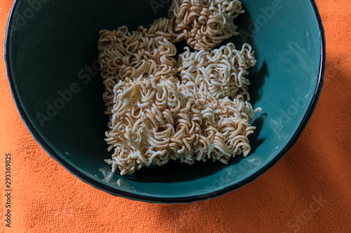 Instant noodle Green ceramic bowl with eggs
