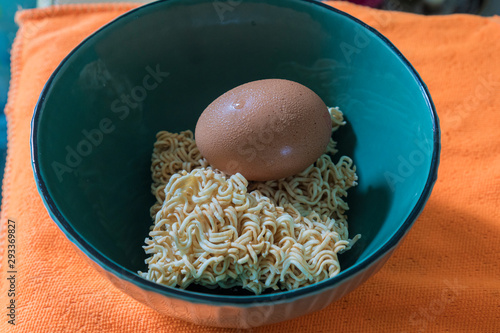 Instant noodle Green ceramic bowl with eggs