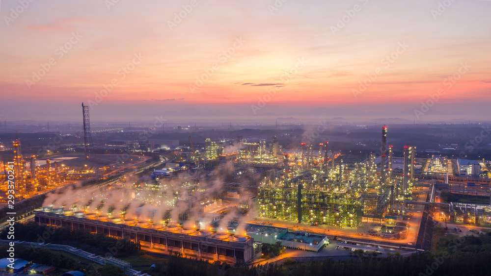 Aerial view Thermal power industry power plant at sunrise.