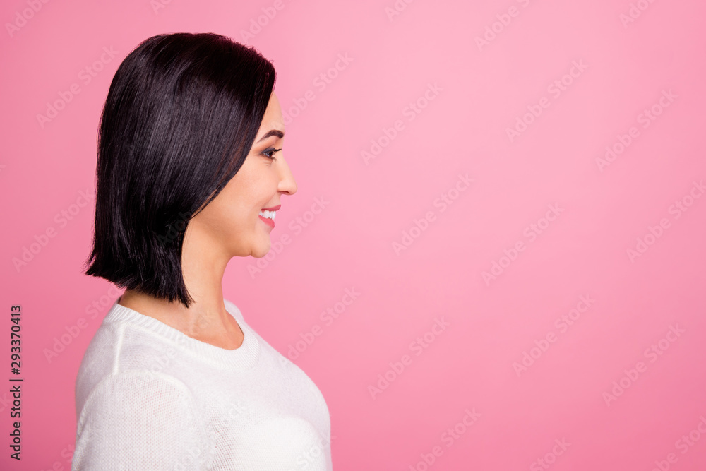 Profile photo of charming business lady looking empty space listening boss attentively wear white pullover isolated bright pink color background Profile photo of charming business lady looking empty space listening boss attentively wear white pullover isolated bright pink color background