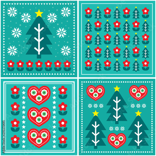 Christmas folk art vector pattern set, design collection with Christmas tree, flowers, hearts in red and  turquoise green - Scandinavian greeting card