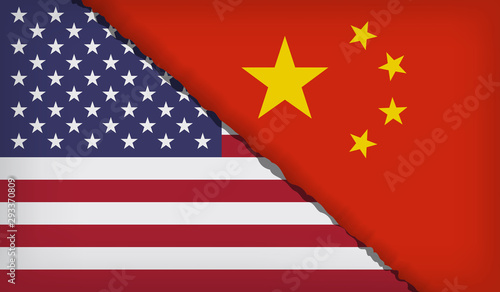 Country relations. USA and China trade disputes concept. flag United States of America and  Chinese flag.