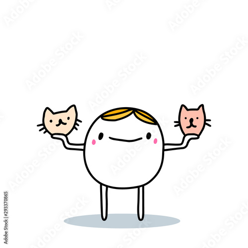 Cartoon man choosing between cat and dog domestic pet hand drawn vector illustration