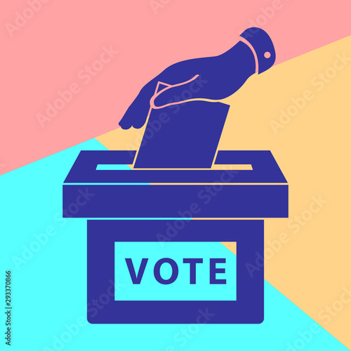  Flat hand putting vote bulletin into ballot box icon. Election concept photo