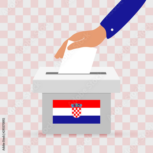  Flat hand putting vote bulletin into ballot box with Chroatian flag icon. Election concept in Сhroatia
