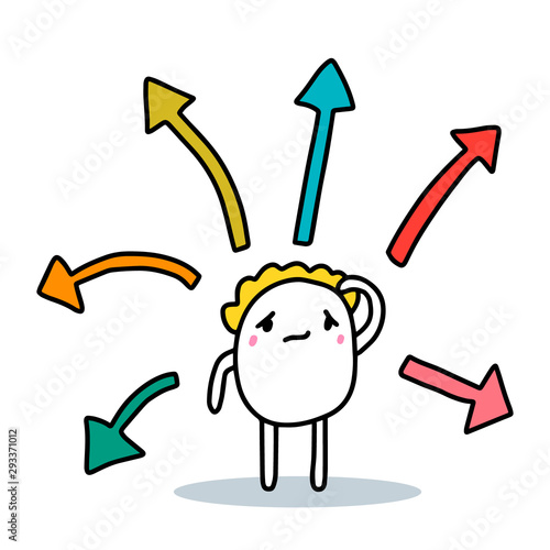 Cartoon man choosing between different directions arrows colorful hand drawn vector illustration