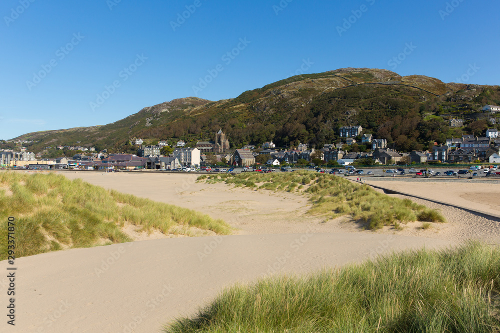 Barmouth beach and sand dunes and town north west Wales UK Snowdonia