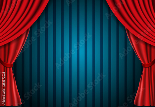 Red curtain on blue vintage background. Design for presentation, concert, show